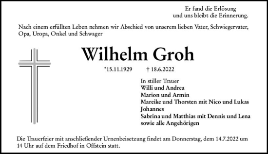 Traueranzeige von Wilhelm Groh von vrm-trauer Wormser Zeitung