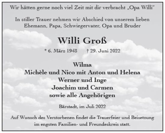 Traueranzeige von Willi Groß von vrm-trauer Wiesbadener Kurier