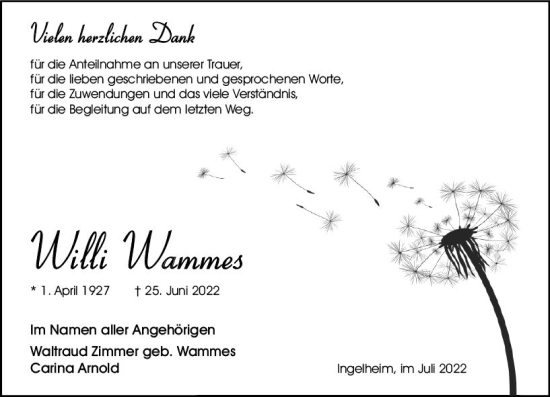 Traueranzeige von Willi Wammes von vrm-trauer Allgemeine  Zeitung Ingelheim-Bingen