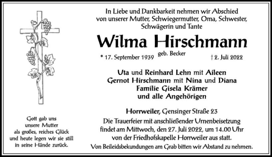 Traueranzeige von Wilma Hirschmann von vrm-trauer Allgemeine  Zeitung Ingelheim-Bingen