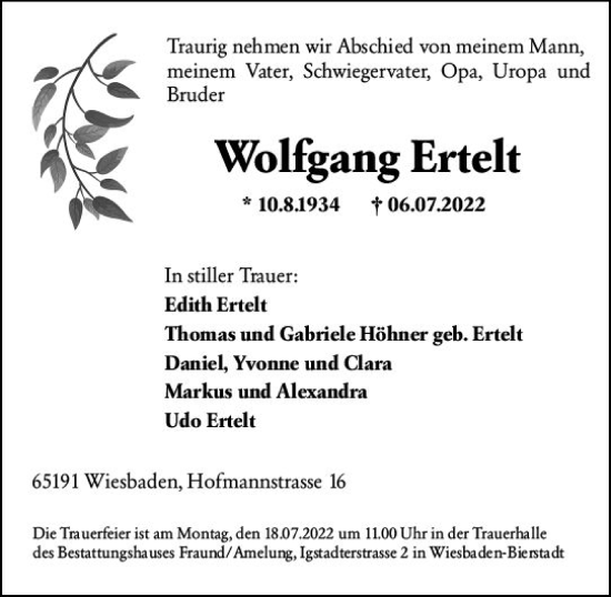 Traueranzeige von Wolfgang Ertelt von vrm-trauer Wiesbadener Kurier