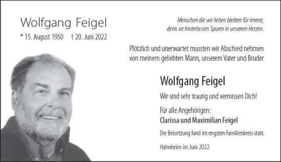 Traueranzeige von Wolfgang Feigel von vrm-trauer AZ Mainz
