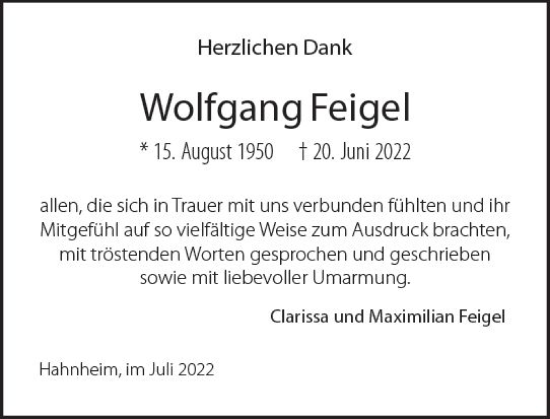Traueranzeige von Wolfgang Feigel von vrm-trauer AZ Mainz