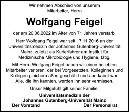 Traueranzeige von Wolfgang Feigel von vrm-trauer AZ Mainz