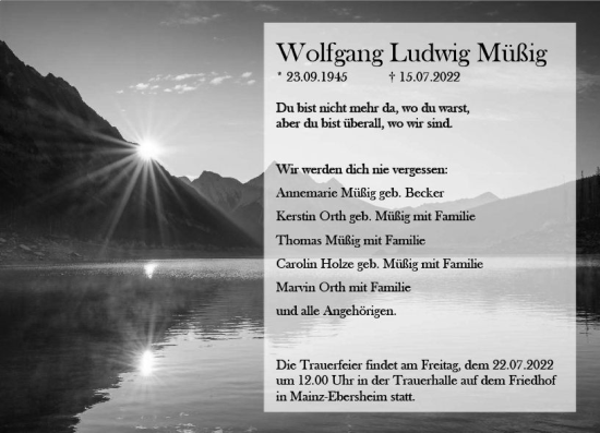 Traueranzeige von Wolfgang Ludwig Müßig von vrm-trauer AZ Mainz
