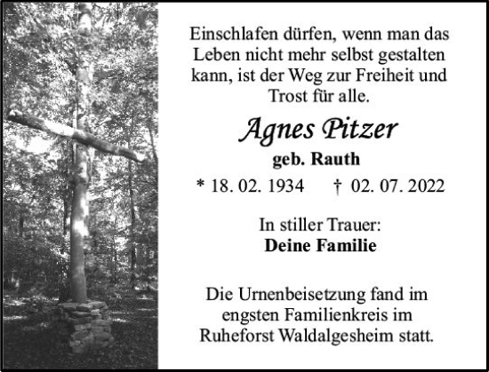 Traueranzeige von Agnes Pitzer von vrm-trauer Allgemeine  Zeitung Ingelheim-Bingen