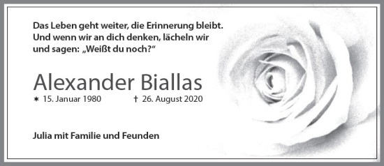 Traueranzeige von Alexander Biallas von vrm-trauer Idsteiner Zeitung