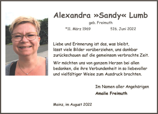 Traueranzeige von Alexandra Lumb von vrm-trauer AZ Mainz