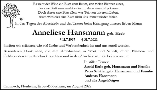 Traueranzeige von Anneliese Hansmann von vrm-trauer Allgemeine Zeitung Alzey
