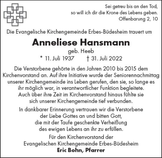 Traueranzeige von Anneliese Hansmann von vrm-trauer Allgemeine Zeitung Alzey