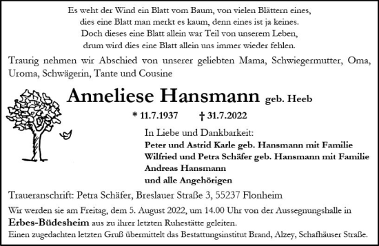 Traueranzeige von Anneliese Hansmann von vrm-trauer Allgemeine Zeitung Alzey