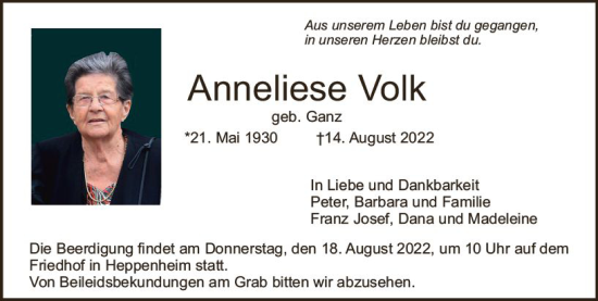 Traueranzeige von Anneliese Volk von vrm-trauer Bürstädter/Lamperth. Ztg/Starkenburger