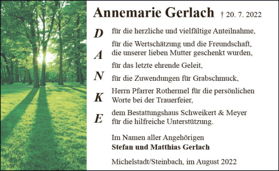Traueranzeige von Annemarie Gerlach von vrm-trauer Odenwälder Echo