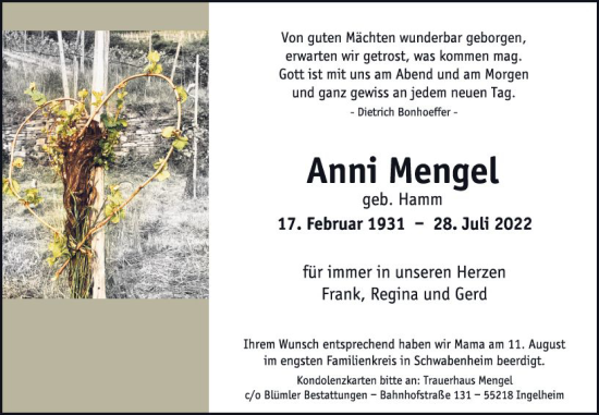 Traueranzeige von Anni Mengel von vrm-trauer Allgemeine  Zeitung Ingelheim-Bingen