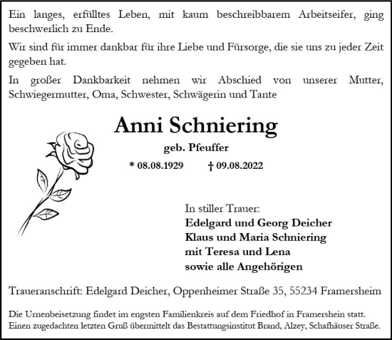 Traueranzeige von Anni Schniering von vrm-trauer Allgemeine Zeitung Alzey