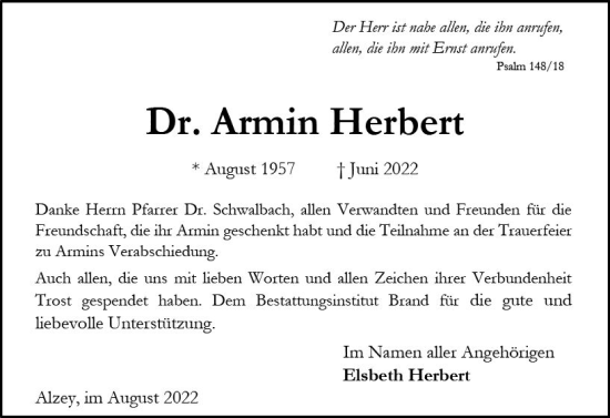 Traueranzeige von Armin Herbert von vrm-trauer Allgemeine Zeitung Alzey