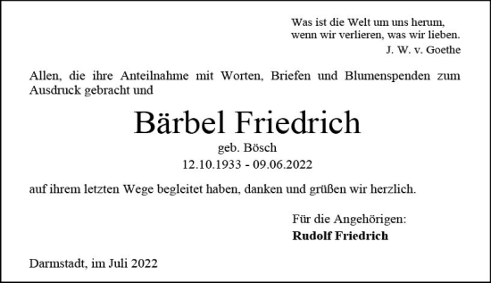 Traueranzeige von Bärbel Friedrich von vrm-trauer Darmstädter Echo