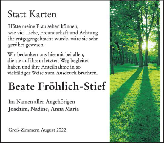 Traueranzeige von Beate Fröhlich-Stief von vrm-trauer DieburgerAnzeiger/Groß-Zimmerner Lokala