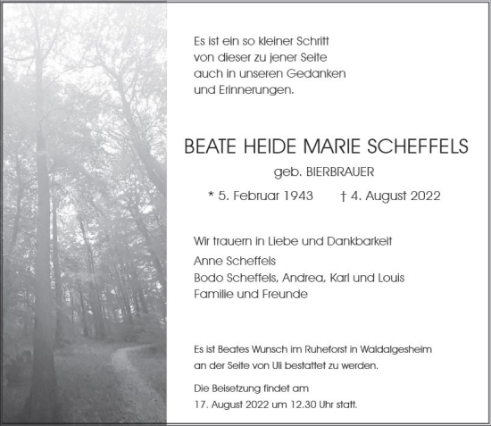 Traueranzeige von Beate Heide Marie Scheffels von vrm-trauer AZ Mainz