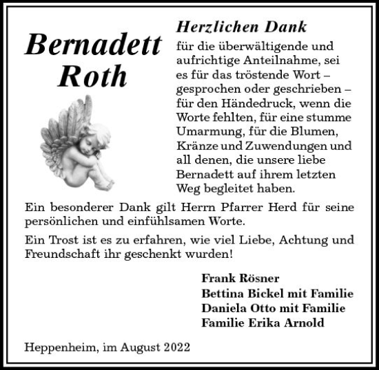 Traueranzeige von Bernadett Roth von vrm-trauer Bürstädter/Lamperth. Ztg/Starkenburger