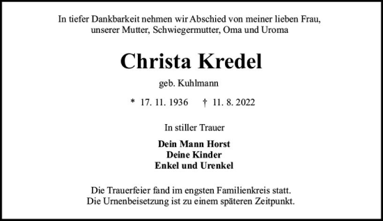 Traueranzeige von Christa Kredel von vrm-trauer Darmstädter Echo