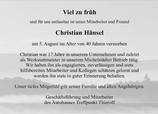 Traueranzeige von Christian Hänsel von vrm-trauer Odenwälder Echo