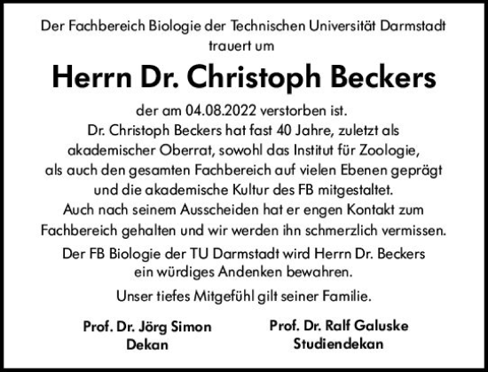 Traueranzeige von Christoph Beckers von vrm-trauer Darmstädter Echo