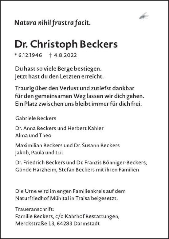 Traueranzeige von Christoph Beckers von vrm-trauer Darmstädter Echo