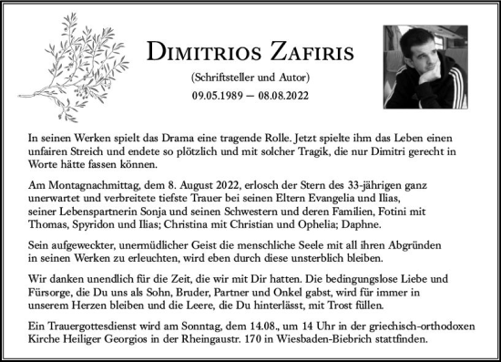 Traueranzeige von Dimitrios Zafiris von vrm-trauer Wiesbadener Kurier