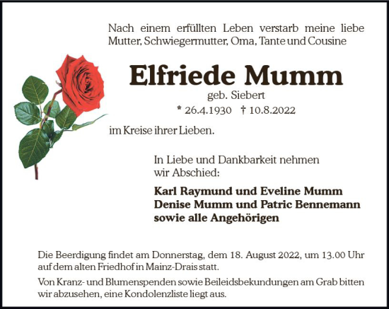 Traueranzeige von Elfriede Mumm von vrm-trauer AZ Mainz