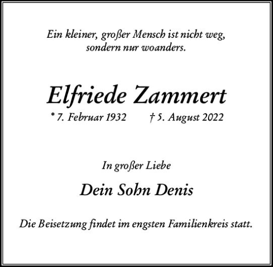Traueranzeige von Elfriede Zammert von vrm-trauer Wiesbadener Kurier