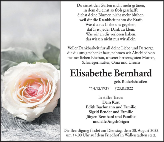 Traueranzeige von Elisabethe Bernhard von vrm-trauer Groß-Gerauer Echo