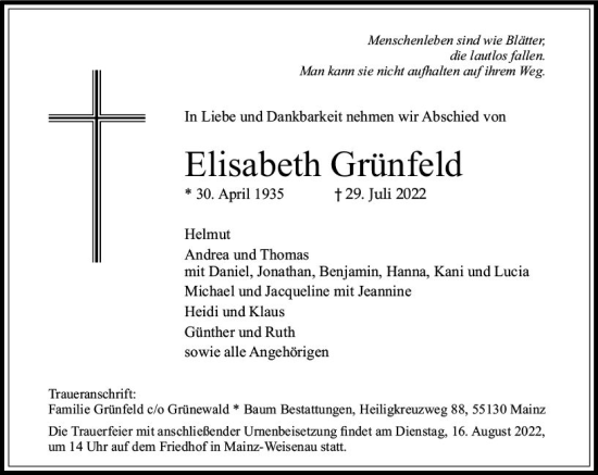 Traueranzeige von Elisabeth Grünfeld von vrm-trauer AZ Mainz