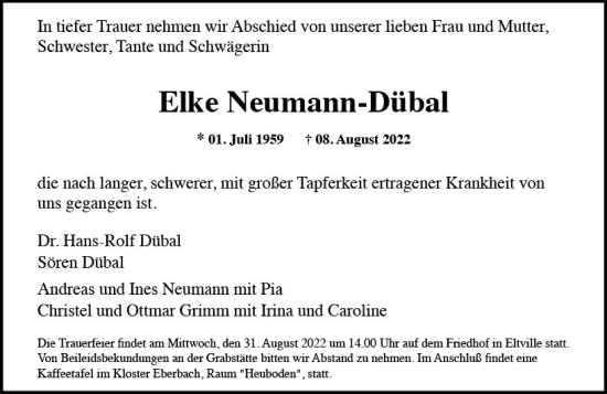 Traueranzeige von Elke Neumann-Dübal von vrm-trauer Rheingau
