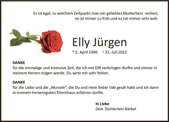 Traueranzeige von Elly Jürgen von vrm-trauer AZ Mainz
