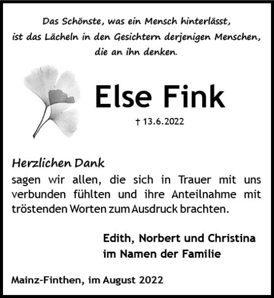 Traueranzeige von Else Fink von vrm-trauer AZ Mainz