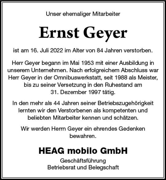 Traueranzeige von Ernst Geyer von vrm-trauer Darmstädter Echo