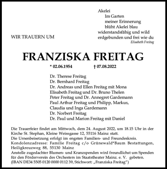 Traueranzeige von Franziska Freitag von vrm-trauer AZ Mainz
