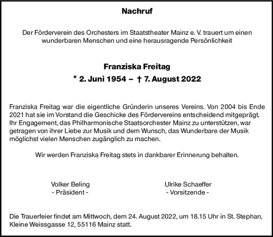 Traueranzeige von Franziska Freitag von vrm-trauer AZ Mainz
