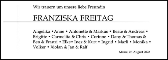 Traueranzeige von Franziska Freitag von vrm-trauer AZ Mainz
