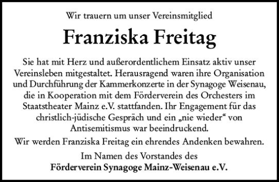Traueranzeige von Franziska Freitag von vrm-trauer AZ Mainz