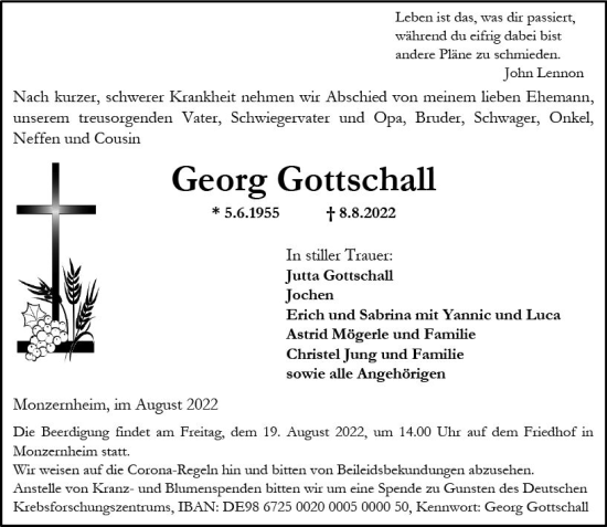 Traueranzeige von Georg Gottschall von vrm-trauer Wormser Zeitung