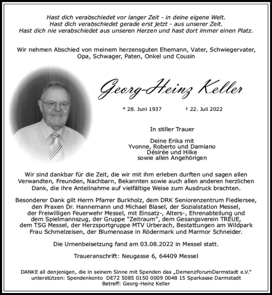 Traueranzeige von Georg-Heinz Keller von vrm-trauer Darmstädter Echo