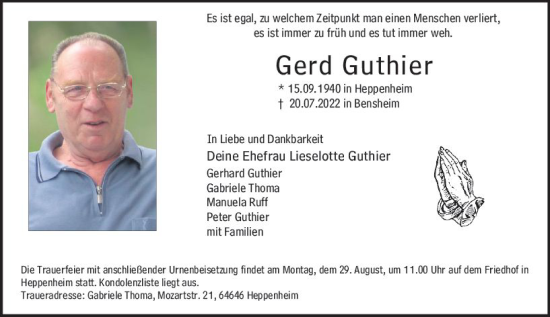 Traueranzeige von Gerd Guthier von vrm-trauer Bürstädter/Lamperth. Ztg/Starkenburger