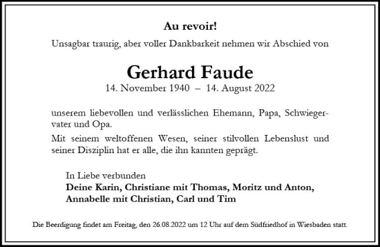 Traueranzeige von Gerhard Faude von vrm-trauer Wiesbadener Kurier