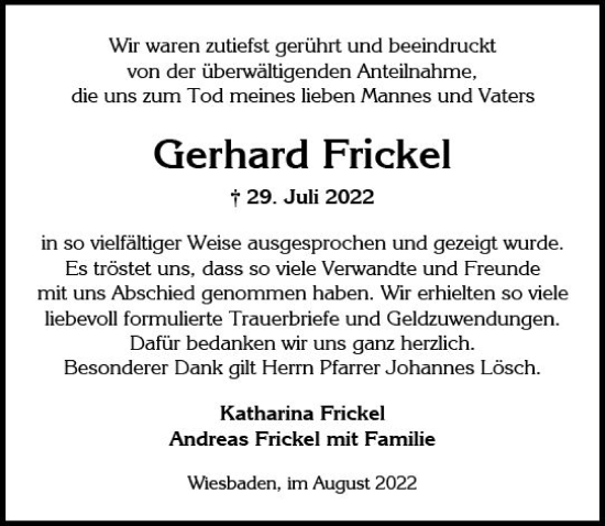 Traueranzeige von Gerhard Frickel von vrm-trauer Wiesbadener Kurier