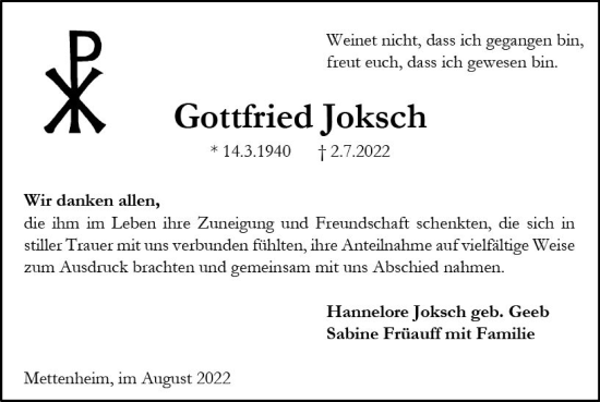 Traueranzeige von Gottfried Joksch von vrm-trauer Wormser Zeitung