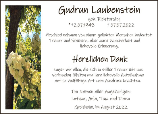 Traueranzeige von Gudrun Laubenstein von vrm-trauer Allgemeine  Zeitung Ingelheim-Bingen