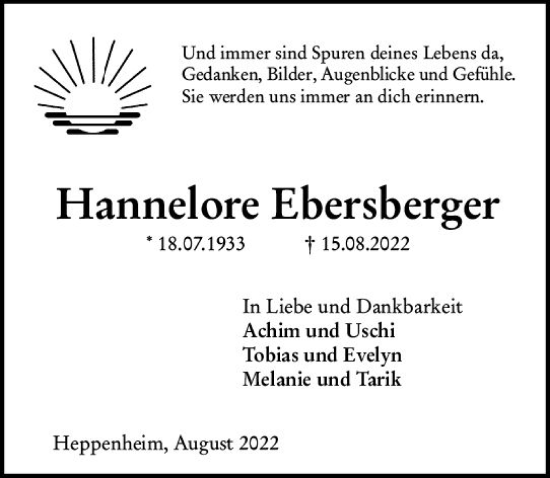 Traueranzeige von Hannelore Ebersberger von vrm-trauer Bürstädter/Lamperth. Ztg/Starkenburger