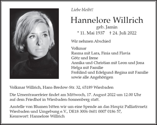 Traueranzeige von Hannelore Willrich von vrm-trauer Wiesbadener Kurier